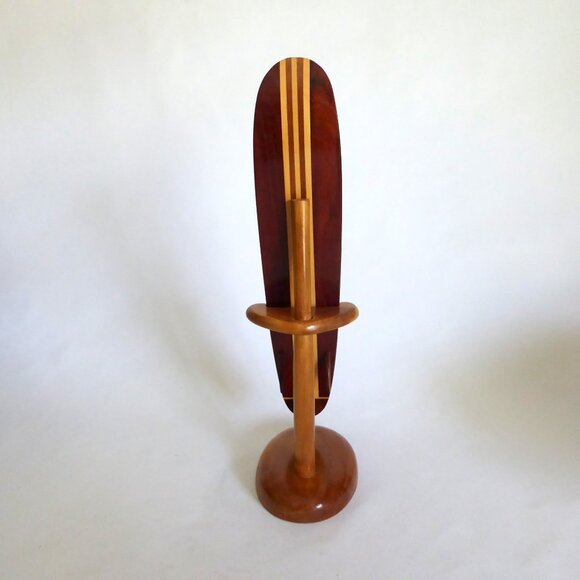 VINTAGE KOA WOOD VERTICAL STRIPE 12” MINIATURE LONGBOARD SURFBOARD DISPLAY STAND - Picture 5 of 14